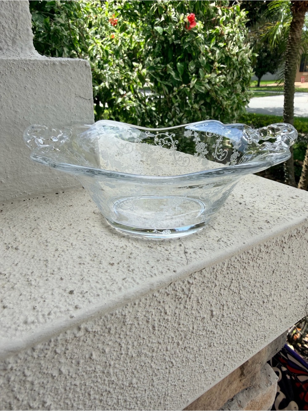 Vintage Etched Glass Relish Candy Bowl Floral Scroll Handles Serving Dish Clear